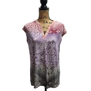 Soma Women's‎ Medium Cap Sleeve V-Neck Ombre Paisley Print Top Rayon Spandex